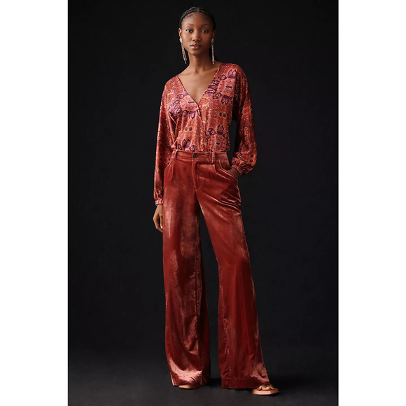 New By Anthropologie Wide-Leg Velvet Trousers $148 SIZE 6T Wine - Picture 1 of 5
